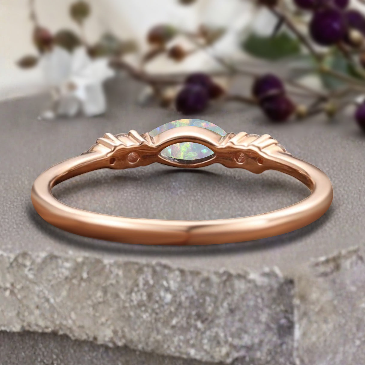 Marquise cut Opal wedding band Unique 10k Rose gold wedding band Anniversary promise band