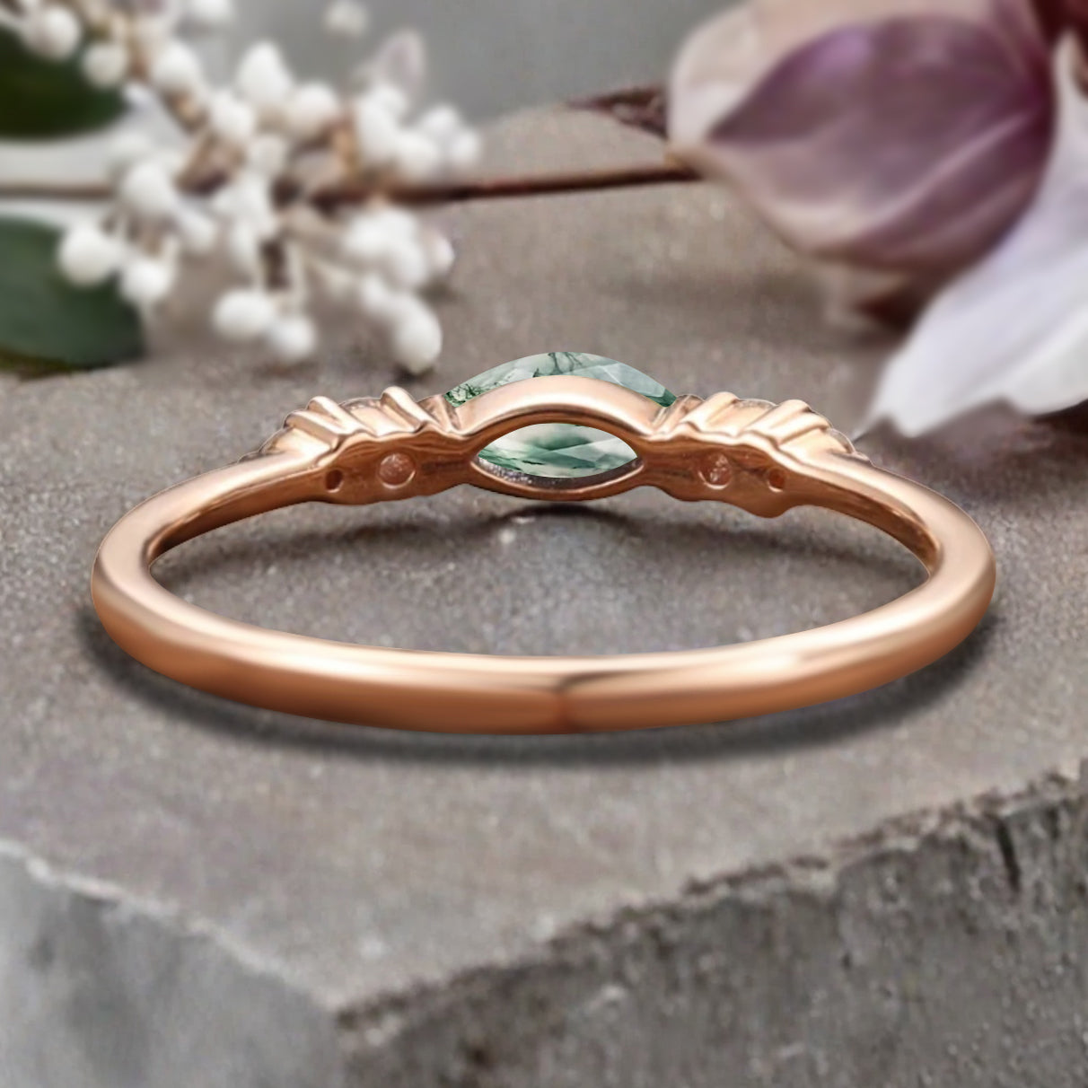 Marquise cut Moss Agate wedding band Unique 10k Rose gold wedding band Anniversary promise band