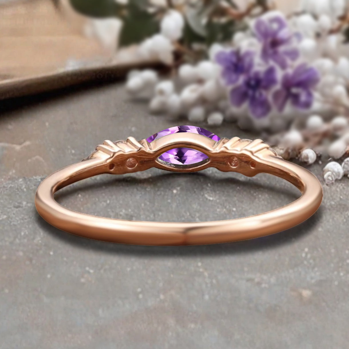 Marquise cut Amethyst wedding band Unique 10k Rose gold wedding band Anniversary promise band
