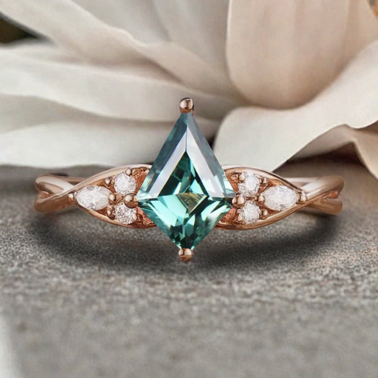 Vintage Kite cut Blue-Green Sapphire Engagement ring Rose Gold moissanite marriage ring Bridal 3/4 eternity Twisted Flower ring anniversary ring