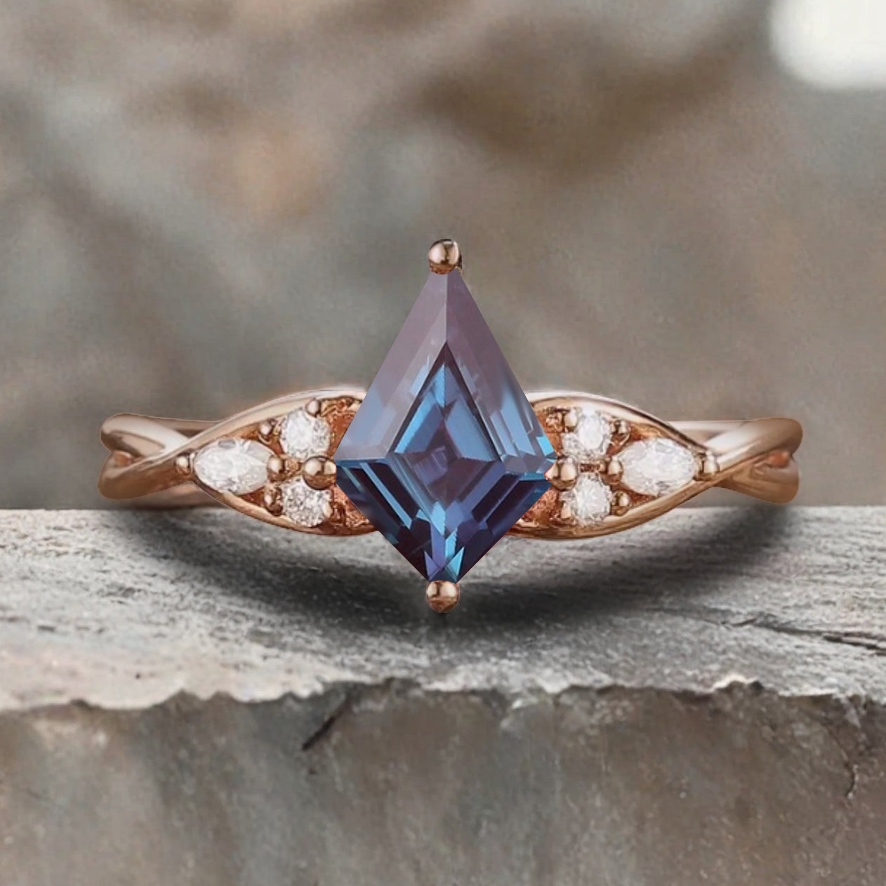 Vintage Kite cut Alexandrite Engagement ring Rose Gold moissanite marriage ring Bridal 3/4 eternity Twisted Flower ring anniversary ring