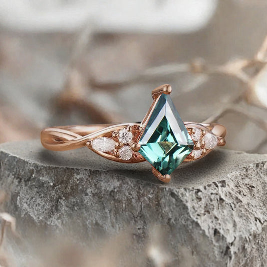 Vintage Kite cut Blue-Green Sapphire Engagement ring Rose Gold moissanite marriage ring Bridal 3/4 eternity Twisted Flower ring anniversary ring