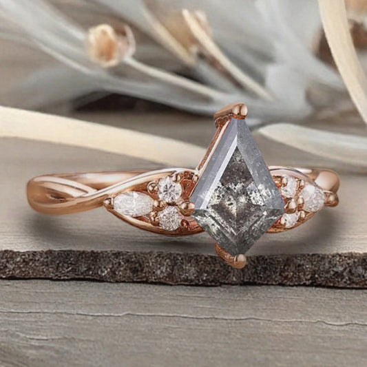 Vintage Kite cut Herkimer Diamond Engagement ring Rose Gold moissanite marriage ring Bridal 3/4 eternity Twisted Flower ring anniversary ring