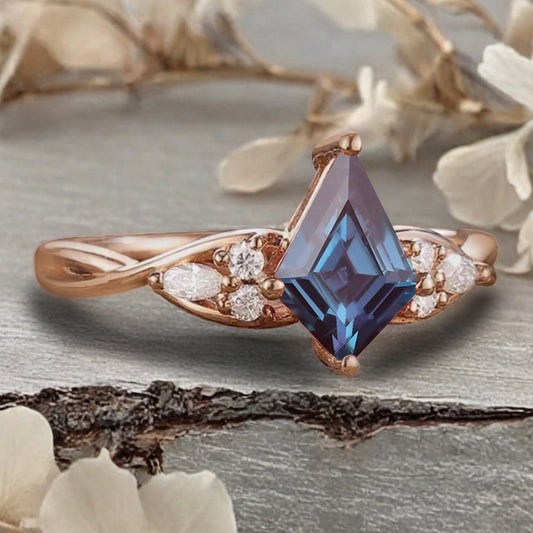 Vintage Kite cut Alexandrite Engagement ring Rose Gold moissanite marriage ring Bridal 3/4 eternity Twisted Flower ring anniversary ring