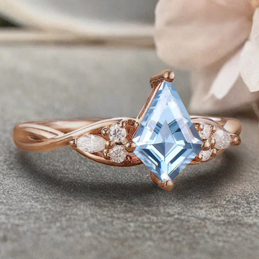 Vintage Kite cut Aquamarine Engagement ring Rose Gold moissanite marriage ring Bridal 3/4 eternity Twisted Flower ring anniversary ring