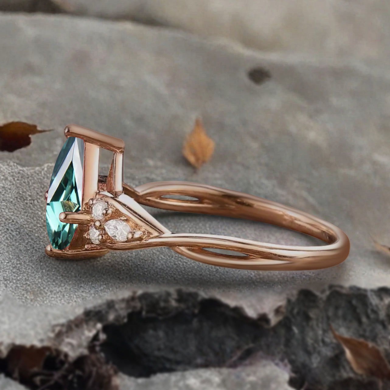 Vintage Kite cut Blue-Green Sapphire Engagement ring Rose Gold moissanite marriage ring Bridal 3/4 eternity Twisted Flower ring anniversary ring