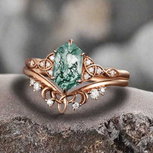 Unique Hexagon Moss Agate Ring Art Deco Wedding Ring Set Vintage Green Agate Engagement Anniversary Ring