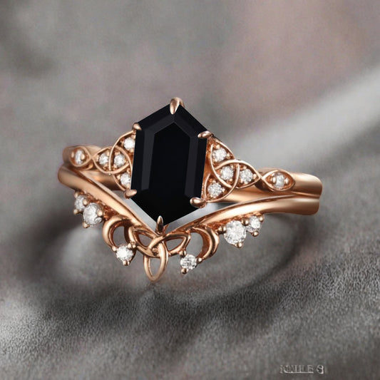 Unique Hexagon Black Onyx Ring Art Deco Wedding Ring Set Vintage Black Agate Engagement Anniversary Ring