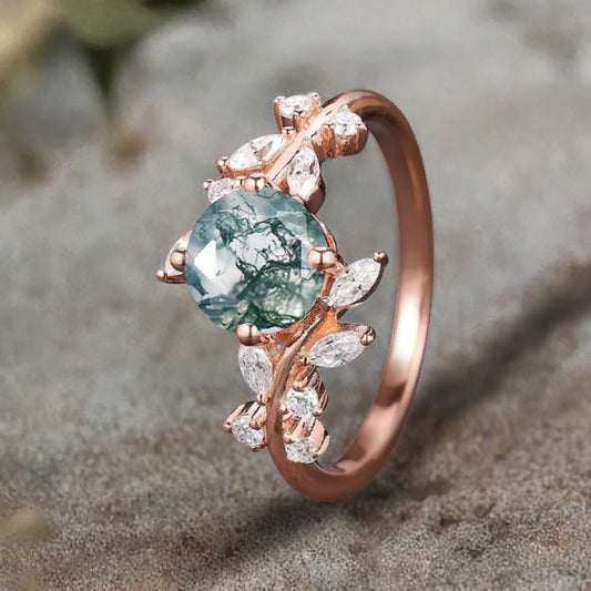 Art Deco Nature Moss Agate Engagement Ring Vintage Round Cut Moss Agate Cluster Promise Ring Green Gemstone Bridal Leaf Ring Custom Jewelry