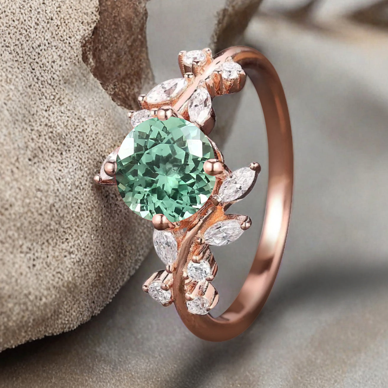 Art Deco Nature Tsavorite Engagement Ring Vintage Round Cut Tsavorite Cluster Promise Ring Green Gemstone Bridal Leaf Ring Custom Jewelry