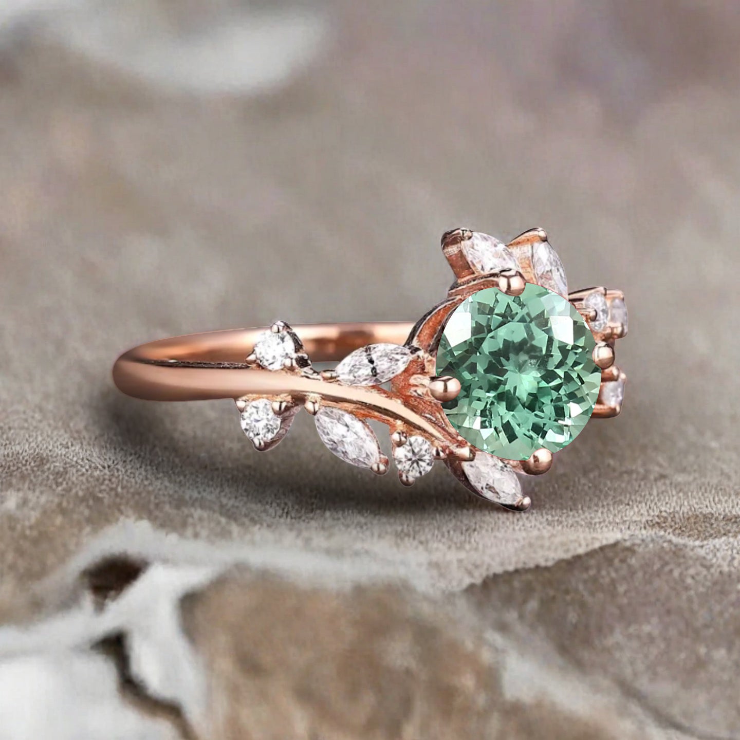 Art Deco Nature Tsavorite Engagement Ring Vintage Round Cut Tsavorite Cluster Promise Ring Green Gemstone Bridal Leaf Ring Custom Jewelry