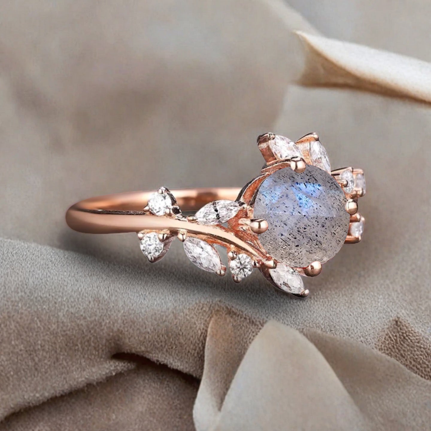 Art Deco Nature Labradorite Engagement Ring Vintage Round Cut Labradorite Cluster Promise Ring Grey Gemstone Bridal Leaf Ring Custom Jewelry