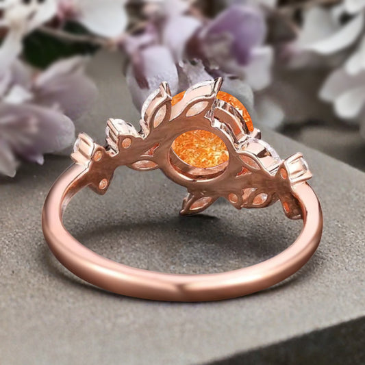 Art Deco Nature Sunstone Engagement Ring Vintage Round Cut Sunstone Cluster Promise Ring Orange Gemstone Bridal Leaf Ring Custom Jewelry