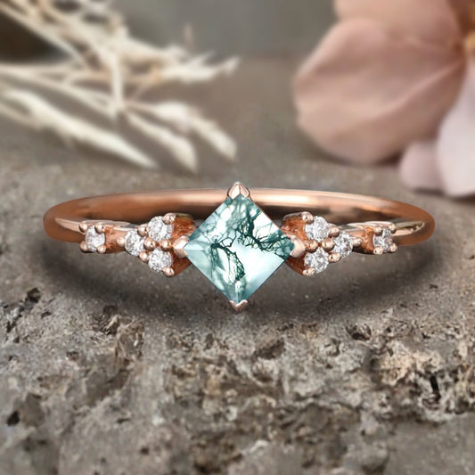 Princess cut moss agate ring 925 sterling silver ring 4 prong stones Simulated Moissanite anniversary gift