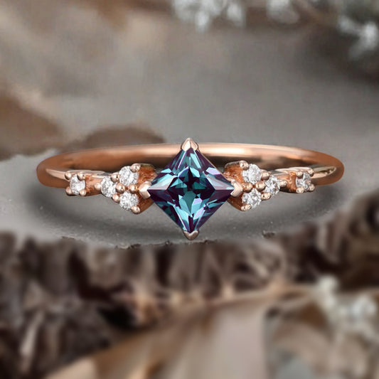 Princess cut Alexandrite ring 925 sterling silver ring 4 prong stones Simulated Moissanite anniversary gift