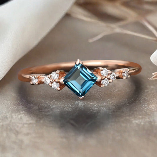 Princess cut Aquamarine ring 925 sterling silver ring 4 prong stones Simulated Moissanite anniversary gift