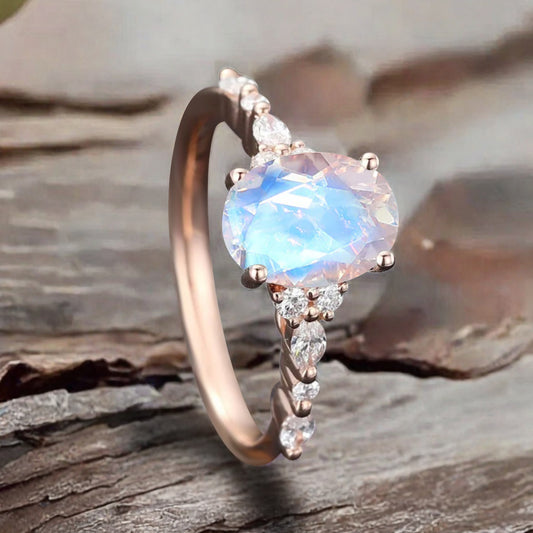 Vintage Unique Moonstone Ring 14K Rose Gold Oval Cut Women Danity Moonstone Moissanite Promise Ring