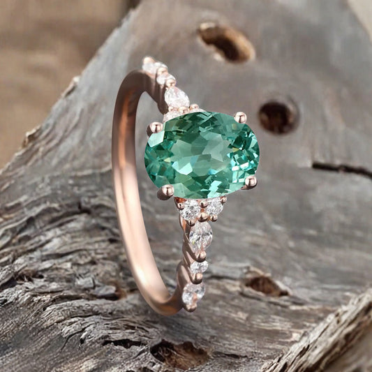 Vintage Unique Tsavorite Ring 14K Rose Gold Oval Cut Women Danity Tsavorite Moissanite Promise Ring