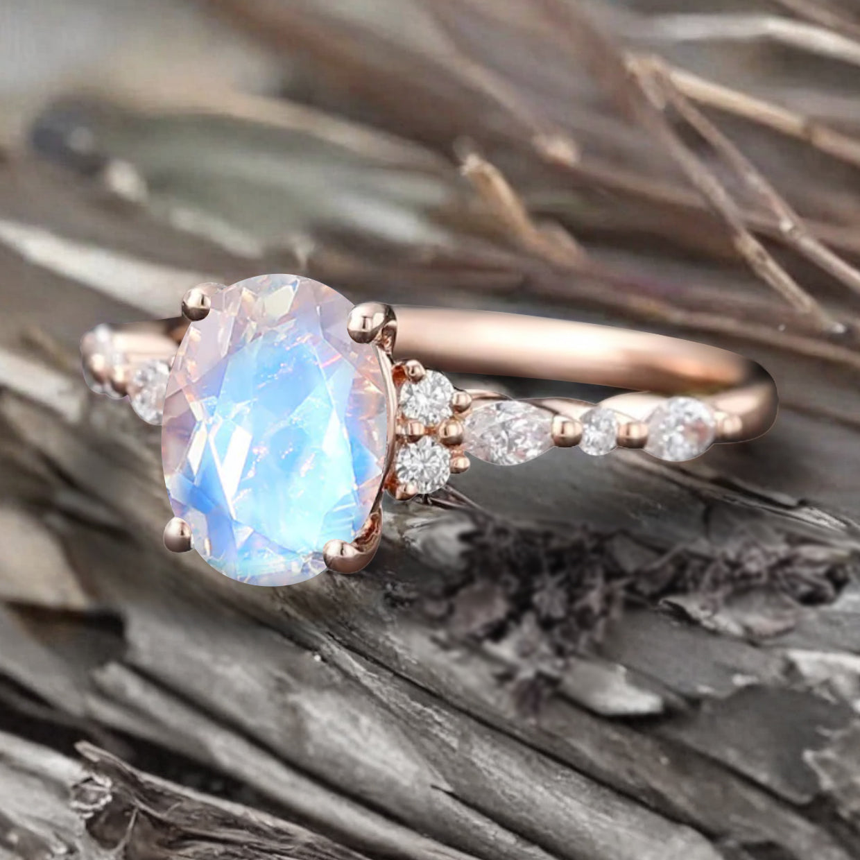 Vintage Oval Mondstein Verlobungsring Unikat Opal Moissanit Versprechensring
