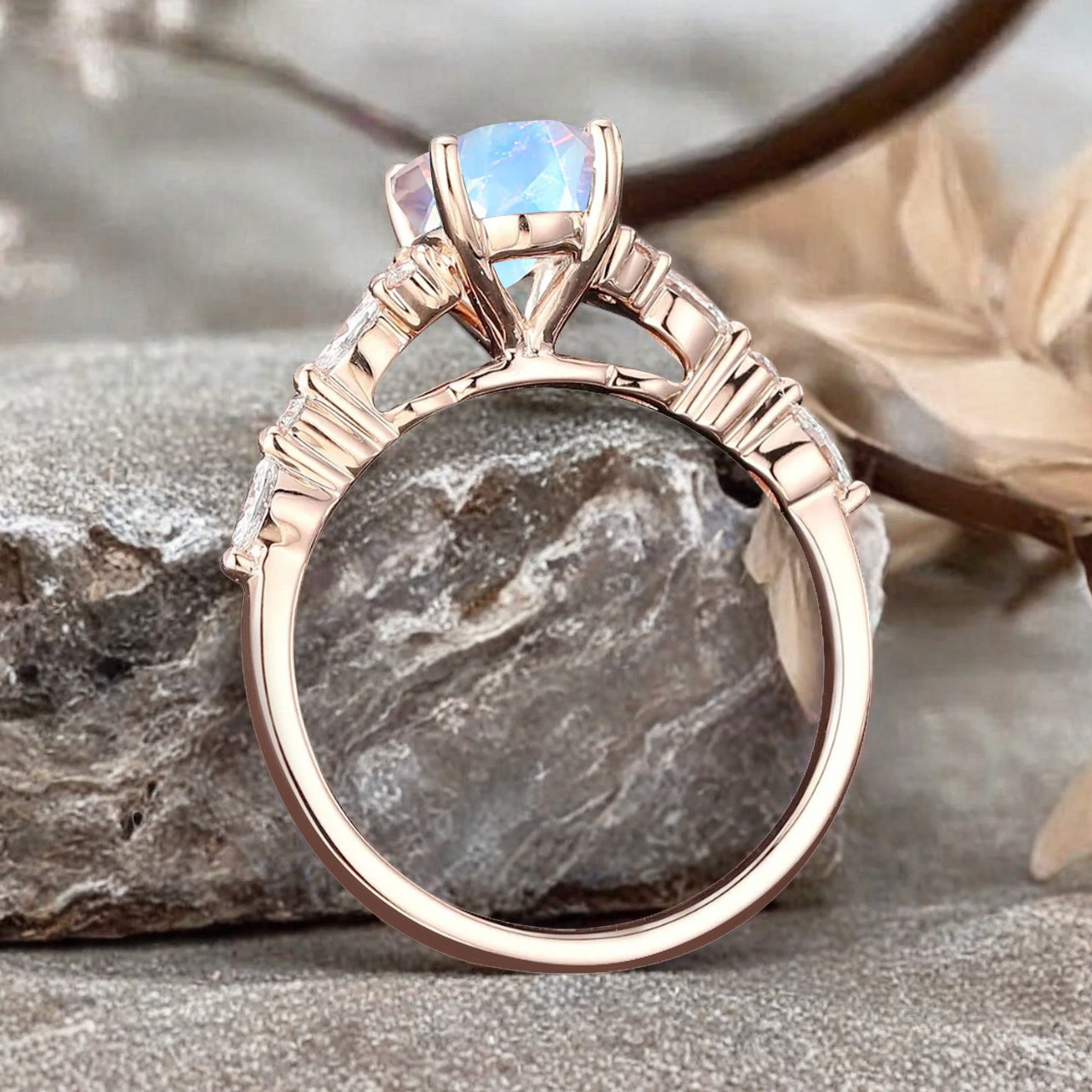 Vintage Oval Mondstein Verlobungsring Unikat Opal Moissanit Versprechensring