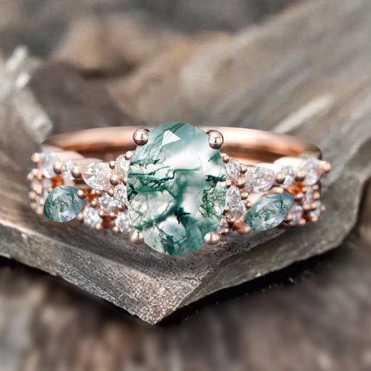 Vintage Unique Moss Agate Ring Set 14K Rose Gold Oval Cut Women Danity Moss Agate Moissanite Promise Ring Set