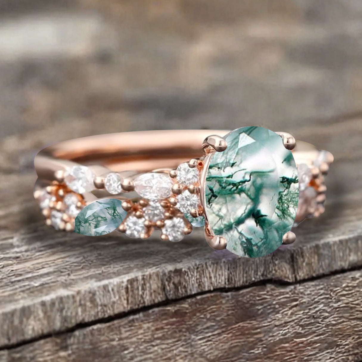 Vintage Unique Moss Agate Ring Set 14K Rose Gold Oval Cut Women Danity Moss Agate Moissanite Promise Ring Set