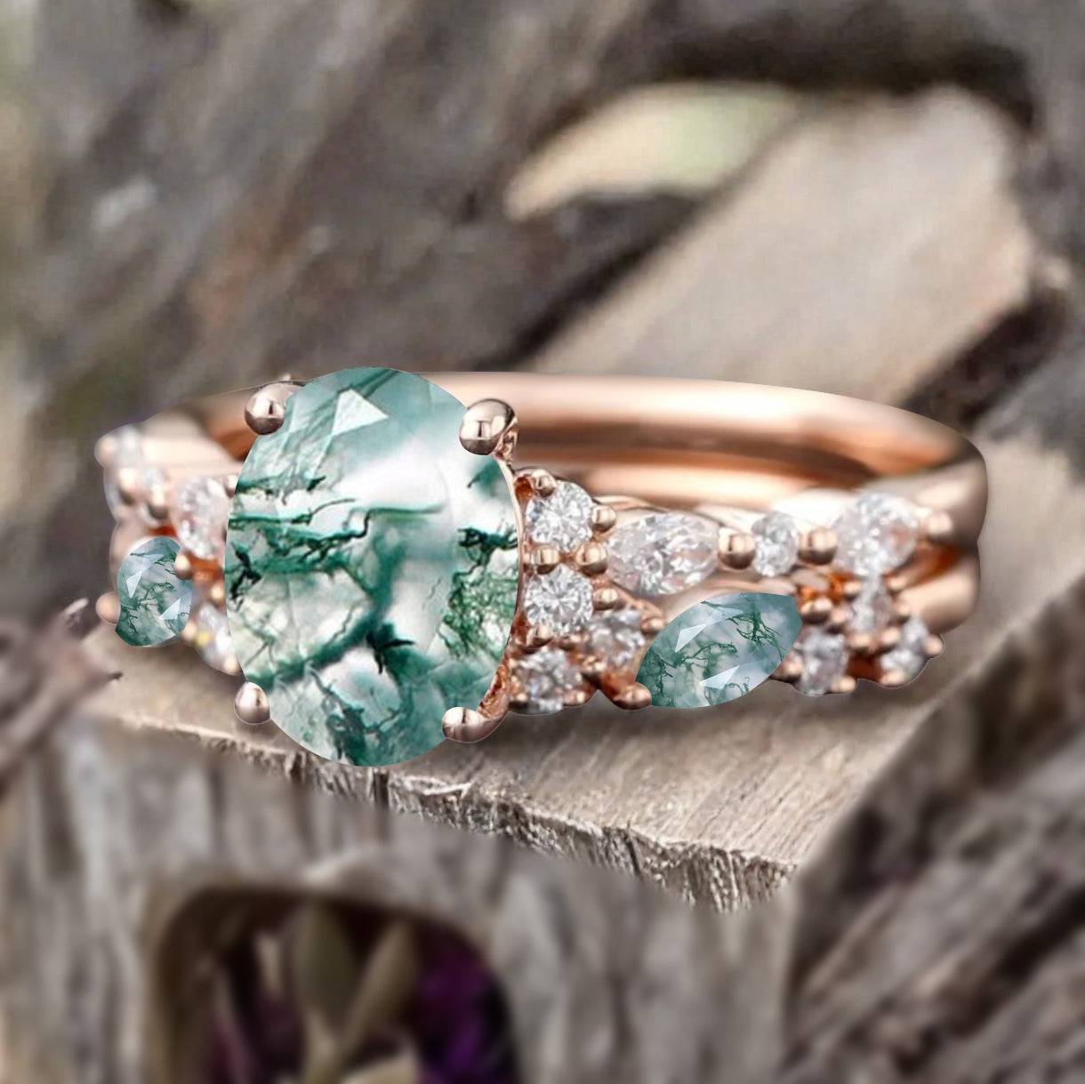 Vintage Unique Moss Agate Ring Set 14K Rose Gold Oval Cut Women Danity Moss Agate Moissanite Promise Ring Set