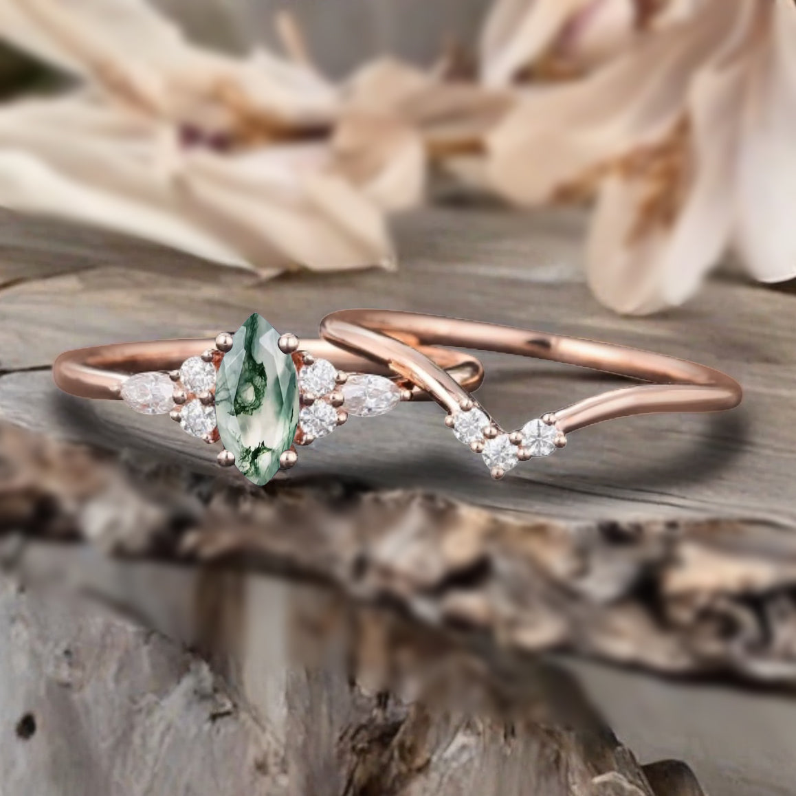 Unique Marquise Cut Moss Agate Wedding Ring Set 14K Solid Gold Ring Unique Green Agate Bridal Ring Set Art Deco Stackable Ring