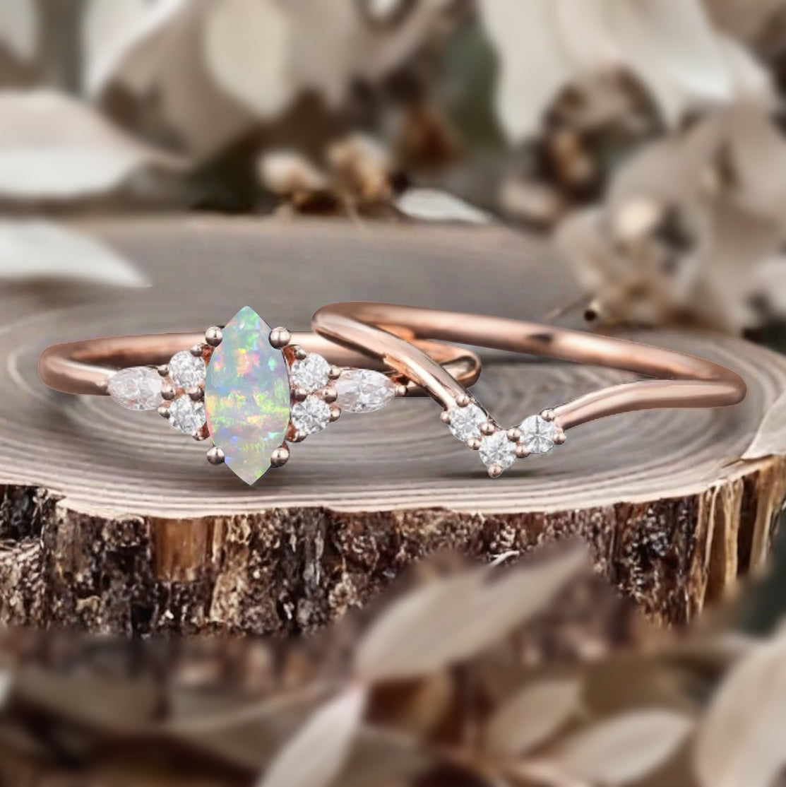 Unique Marquise Cut Opal Wedding Ring Set 14K Solid Gold Ring Unique Pink White Agate Bridal Ring Set Art Deco Stackable Ring