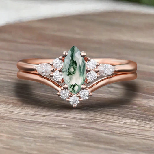 Unique Marquise Cut Moss Agate Wedding Ring Set 14K Solid Gold Ring Unique Green Agate Bridal Ring Set Art Deco Stackable Ring