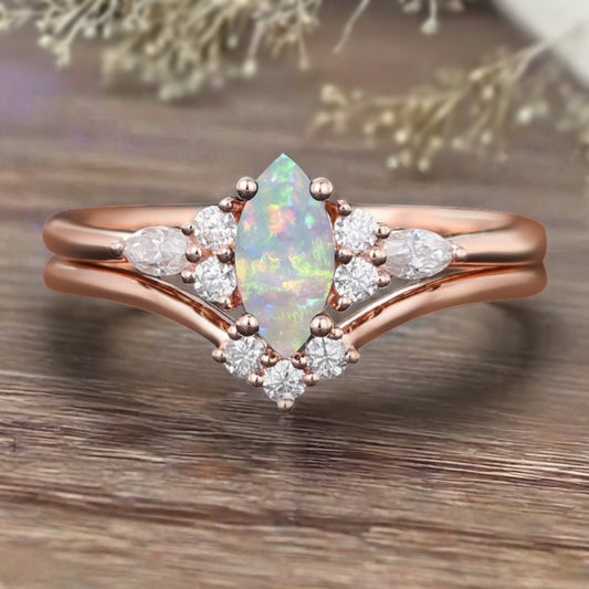 Unique Marquise Cut Opal Wedding Ring Set 14K Solid Gold Ring Unique Pink White Agate Bridal Ring Set Art Deco Stackable Ring
