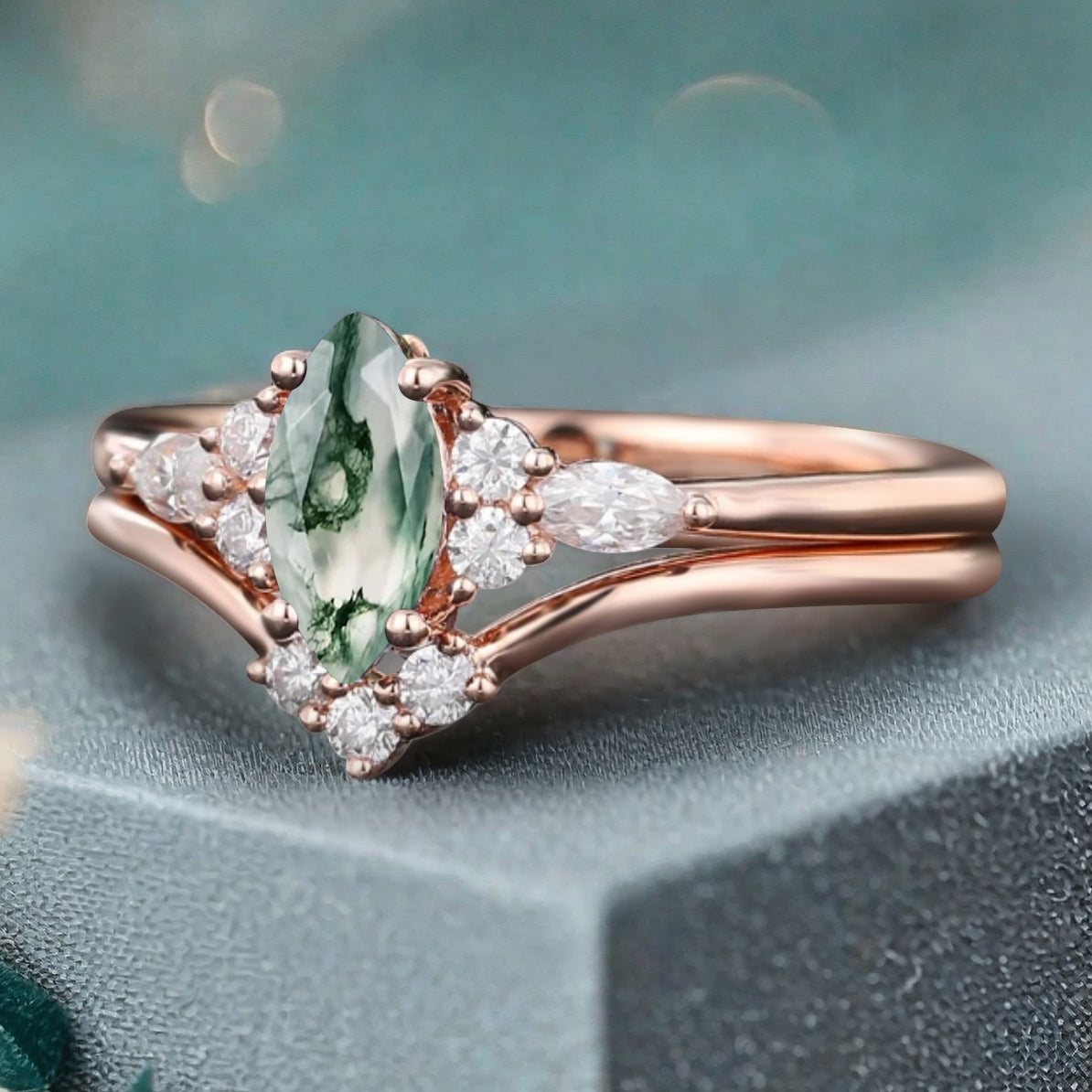 Unique Marquise Cut Moss Agate Wedding Ring Set 14K Solid Gold Ring Unique Green Agate Bridal Ring Set Art Deco Stackable Ring