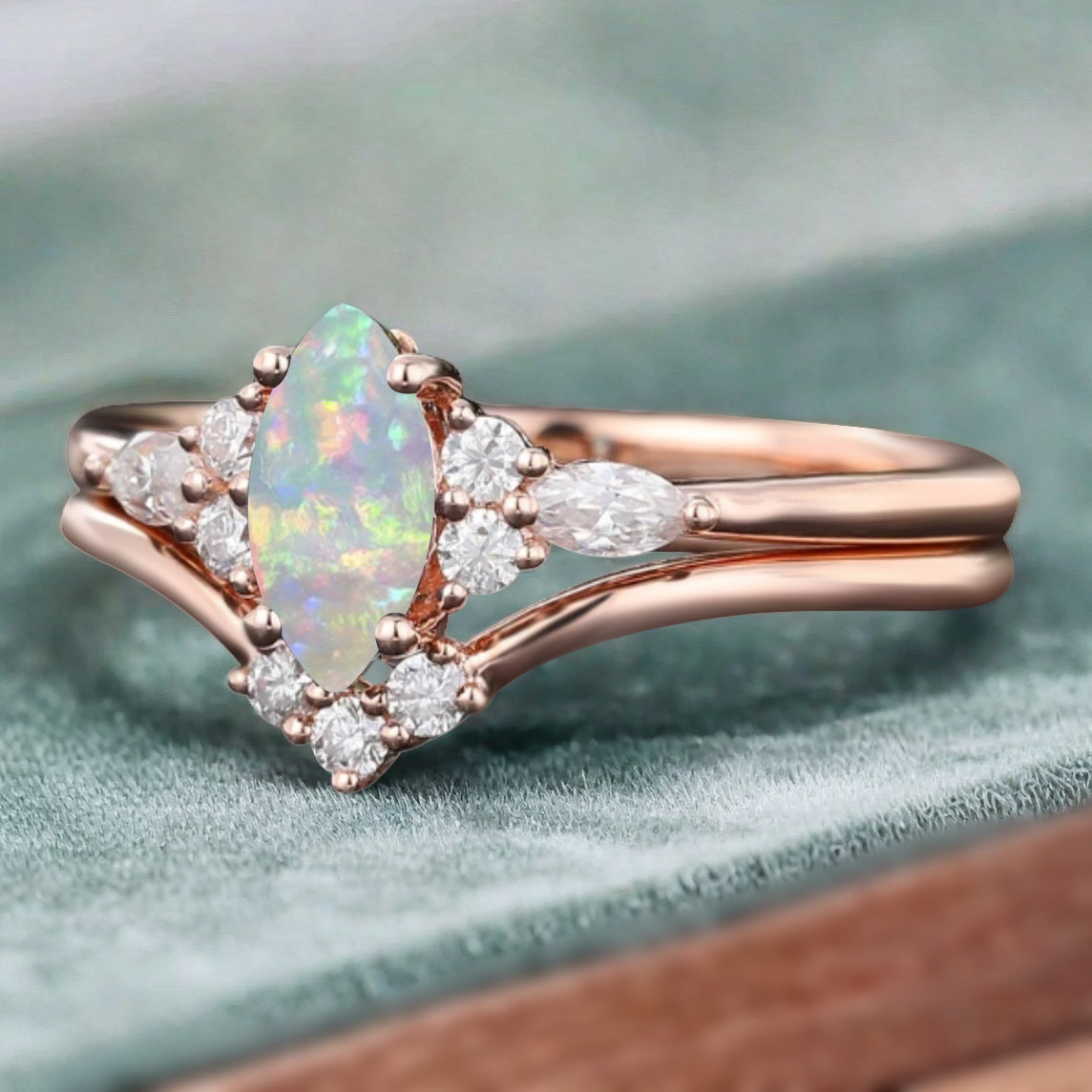 Unique Marquise Cut Opal Wedding Ring Set 14K Solid Gold Ring Unique Pink White Agate Bridal Ring Set Art Deco Stackable Ring