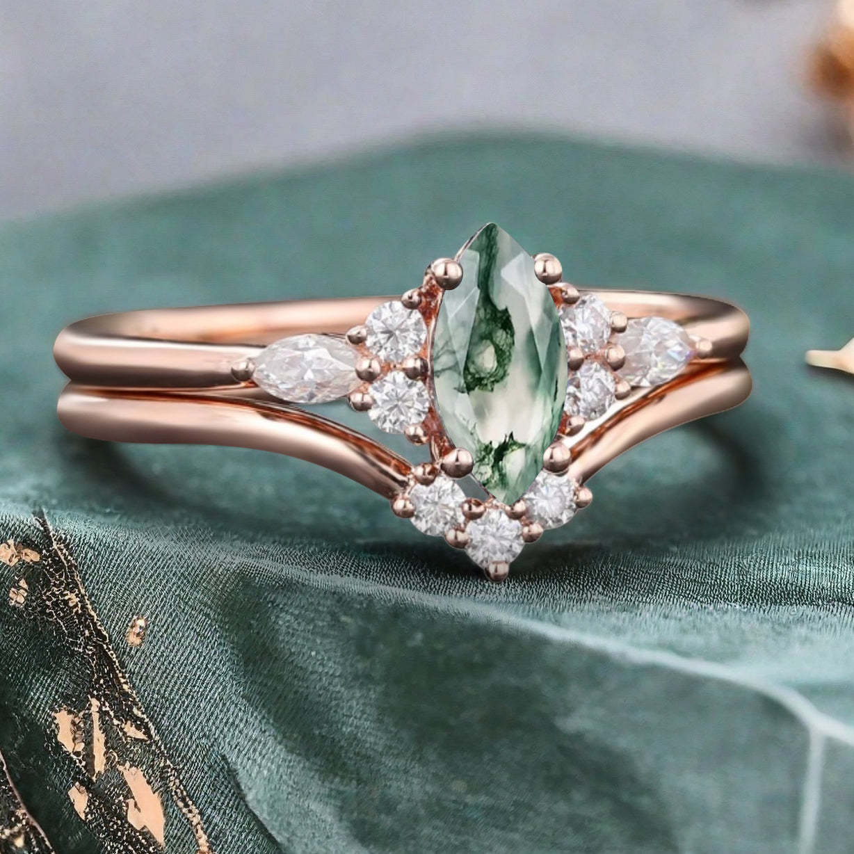 Unique Marquise Cut Moss Agate Wedding Ring Set 14K Solid Gold Ring Unique Green Agate Bridal Ring Set Art Deco Stackable Ring