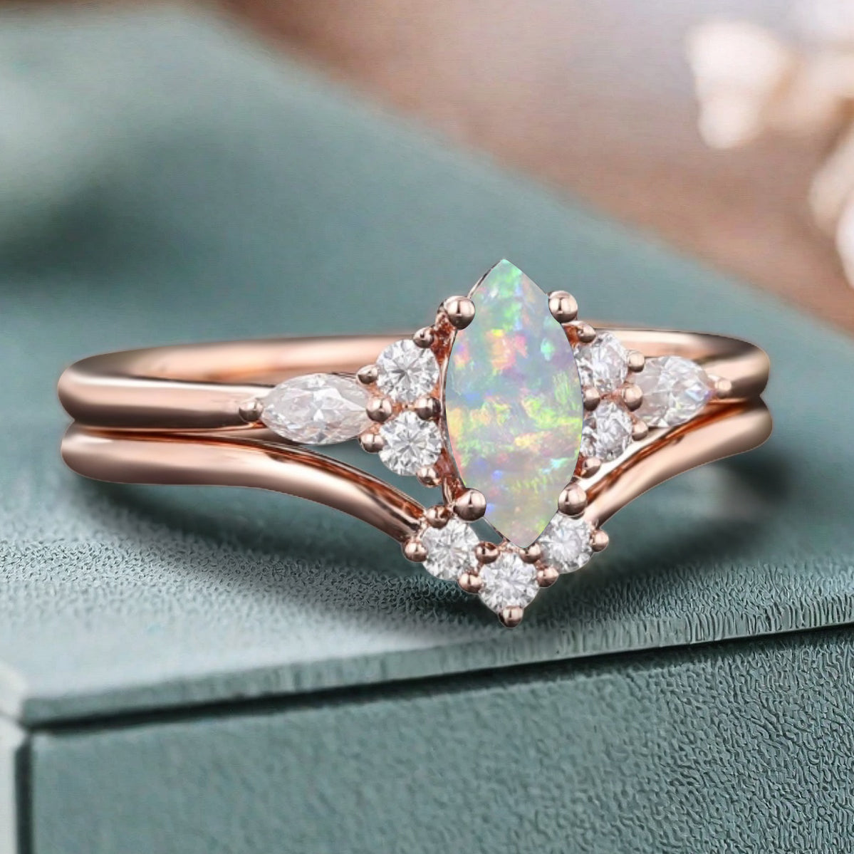 Unique Marquise Cut Opal Wedding Ring Set 14K Solid Gold Ring Unique Pink White Agate Bridal Ring Set Art Deco Stackable Ring