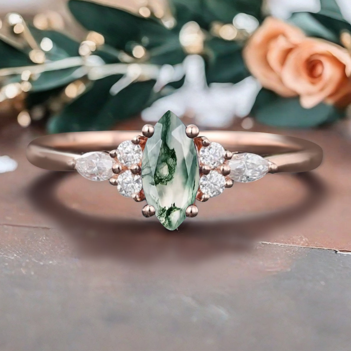 Unique Marquise Cut Moss Agate Wedding Ring Set 14K Solid Gold Ring Unique Green Agate Bridal Ring Set Art Deco Stackable Ring