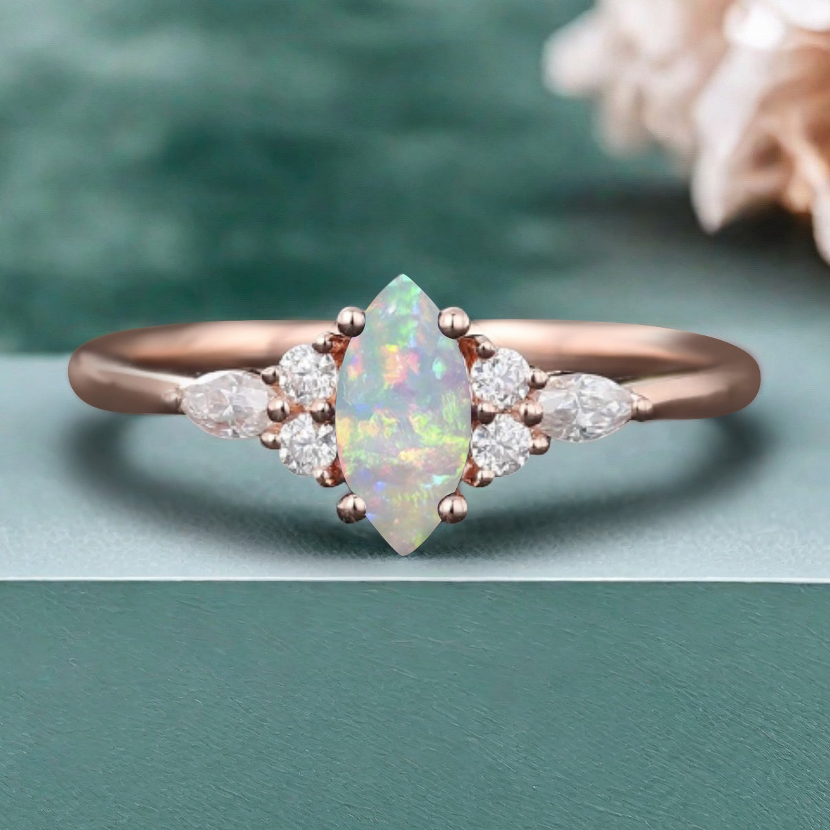 Unique Marquise Cut Opal Wedding Ring Set 14K Solid Gold Ring Unique Pink White Agate Bridal Ring Set Art Deco Stackable Ring