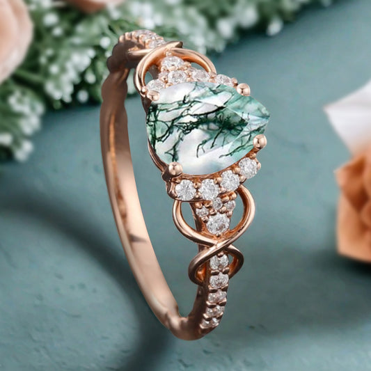 Vintage Moss Agate Ring Unique Pear Cut Engagement Moissanite Cluster Wedding Promise Ring For Women Delicate Gemstone Ring
