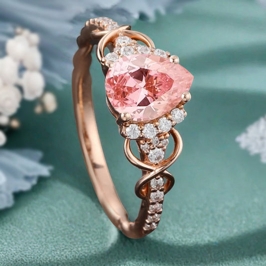 Vintage Pink Sapphire Ring Unique Pear Cut Engagement Moissanite Cluster Wedding Promise Ring For Women Delicate Gemstone Ring