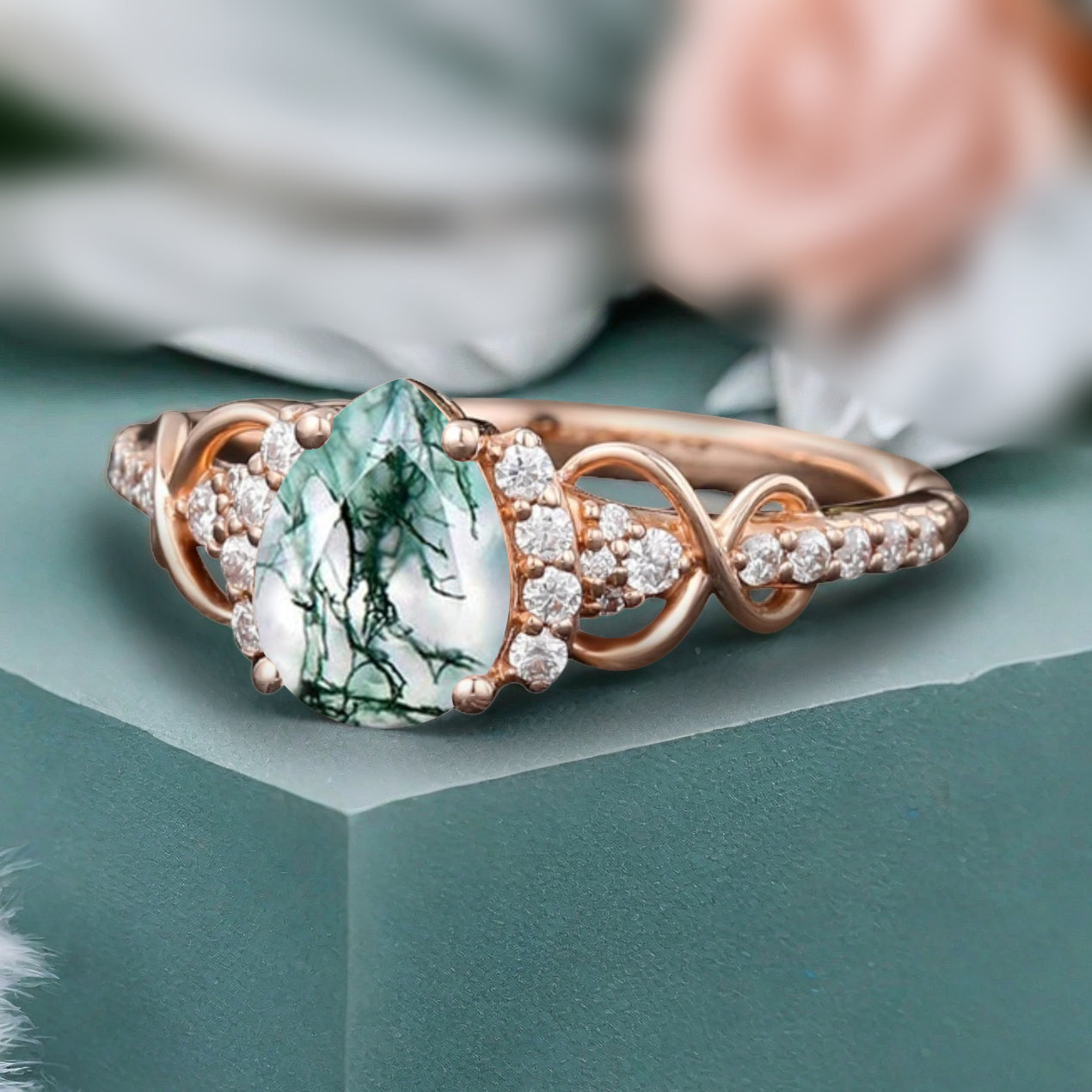 Vintage Moss Agate Ring Unique Pear Cut Engagement Moissanite Cluster Wedding Promise Ring For Women Delicate Gemstone Ring