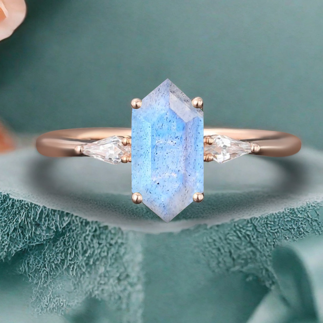 Vintage Hexagon Cut Labradorite Ring Moissanite Engagement Ring Unique Promise Bridal Ring