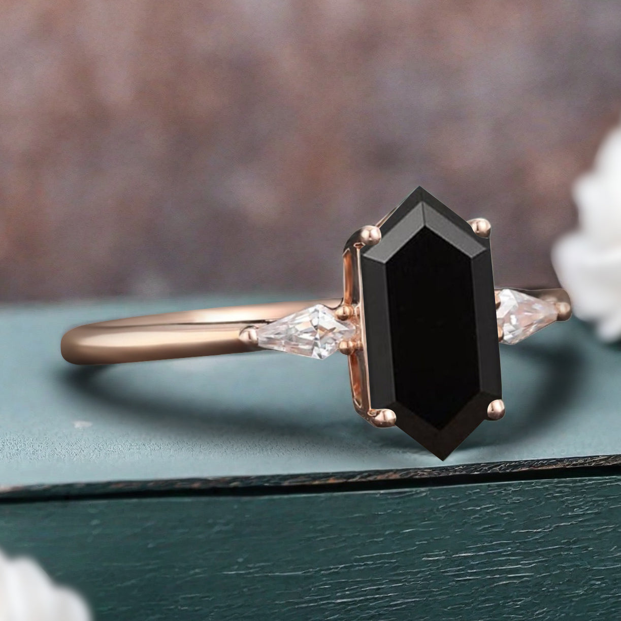 Vintage Hexagon Cut Black Onyx Ring Moissanite Engagement Ring Unique Promise Bridal Ring