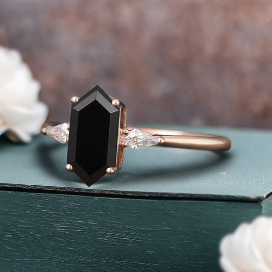 Vintage Hexagon Cut Black Onyx Ring Moissanite Engagement Ring Unique Promise Bridal Ring