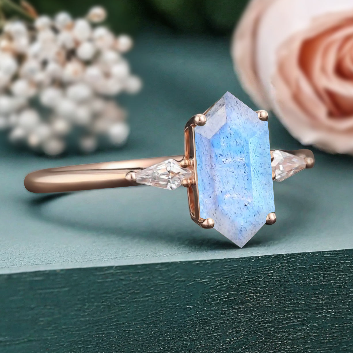 Vintage Hexagon Cut Labradorite Ring Moissanite Engagement Ring Unique Promise Bridal Ring