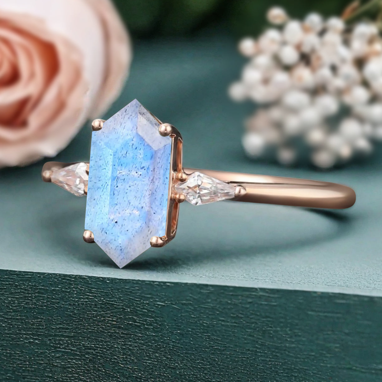 Vintage Hexagon Cut Labradorite Ring Moissanite Engagement Ring Unique Promise Bridal Ring