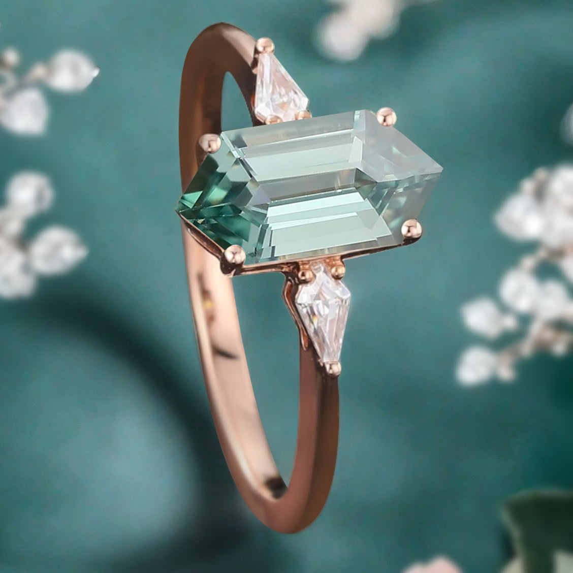 Vintage Hexagon Cut Tsavorite Ring Moissanite Engagement Ring Unique Promise Bridal Ring