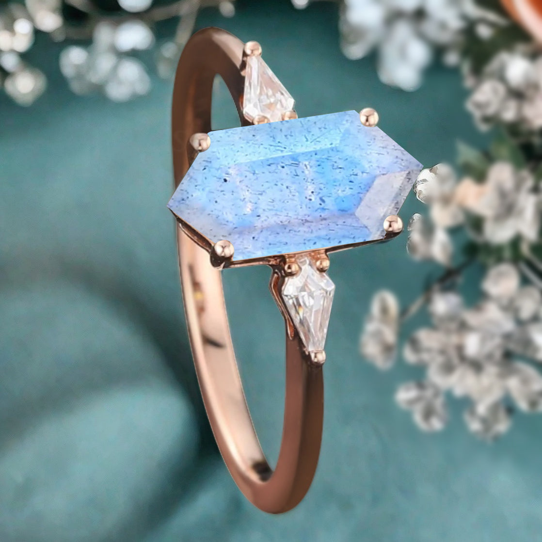 Vintage Hexagon Cut Labradorite Ring Moissanite Engagement Ring Unique Promise Bridal Ring