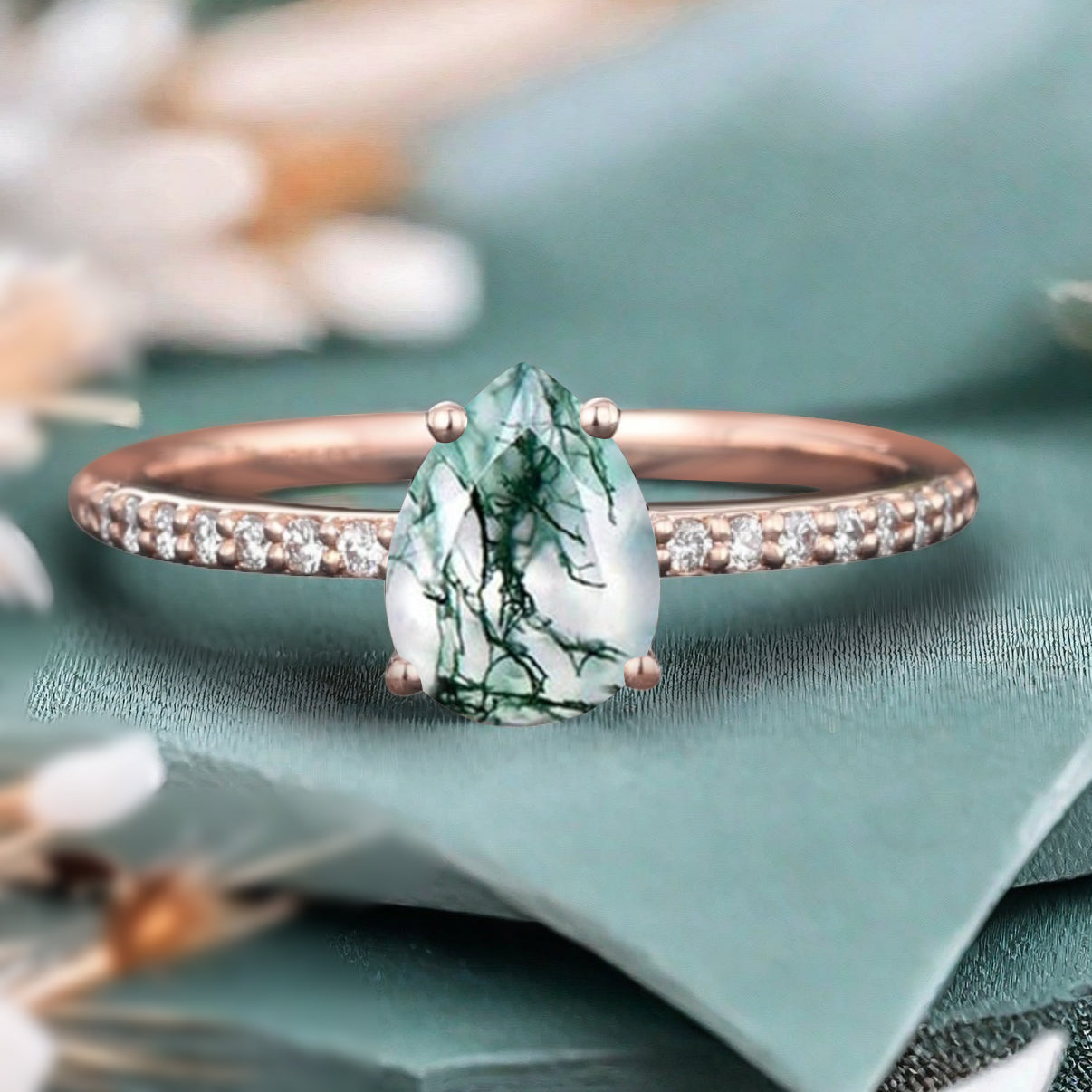 Unique Pear Cut Moss Agate Engagement Ring Vintage Green Agate Wedding Ring Delicate Green Moss Agate Ring Moissanite Cluster Ring For Women