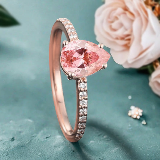 Unique Pear Cut Pink Sapphire Engagement Ring Vintage Pink Agate Wedding Ring Delicate Pink Sapphire Ring Moissanite Cluster Ring For Women