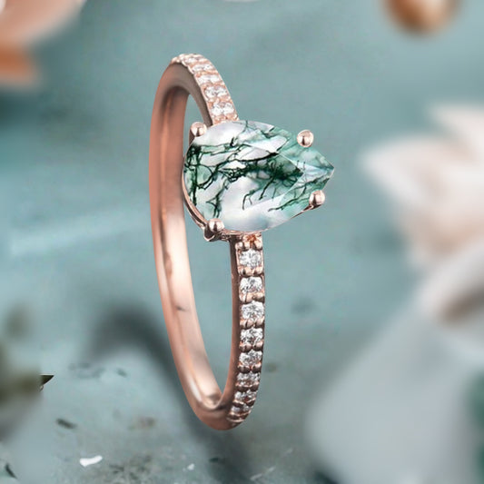 Unique Pear Cut Moss Agate Engagement Ring Vintage Green Agate Wedding Ring Delicate Green Moss Agate Ring Moissanite Cluster Ring For Women